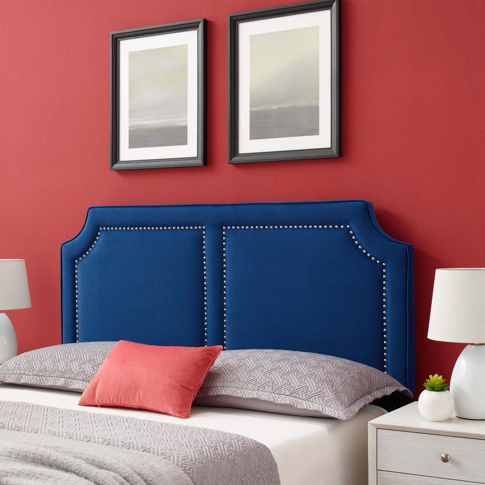 Headboard, Nailhead, King California, Blue Navy, Velvet, Modern, Mid Century