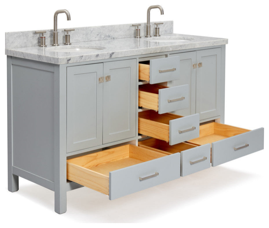 ARIEL Cambridge 61" Double Oval Sink Bathroom Vanity Grey With Marble Top