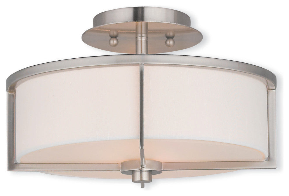Ceiling Mount With Handcrafted Off-White Fabric Hardback Shade, Brushed Nickel
