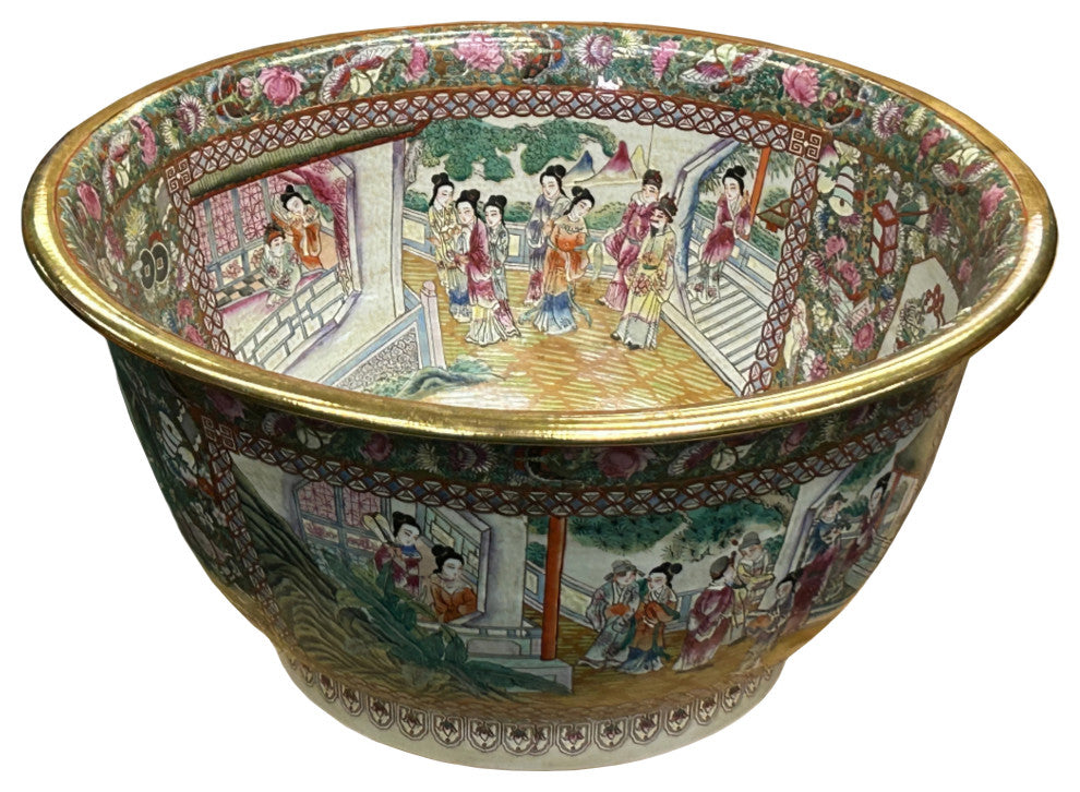 Vintage Chinese Famille Rose People House Graphic Porcelain Bowl Pot Hws4342
