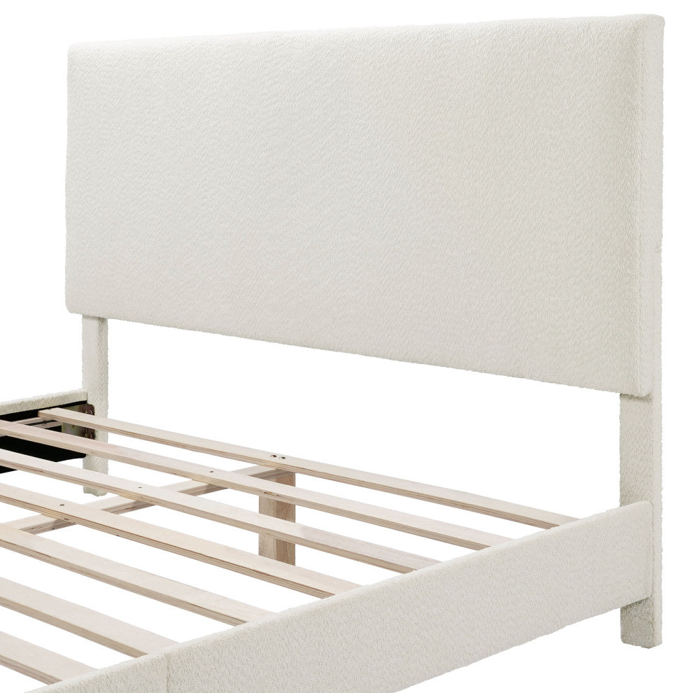 Miles White Boucle Upholstered Wood Frame Platform Bed, Queen, Simple Standard
