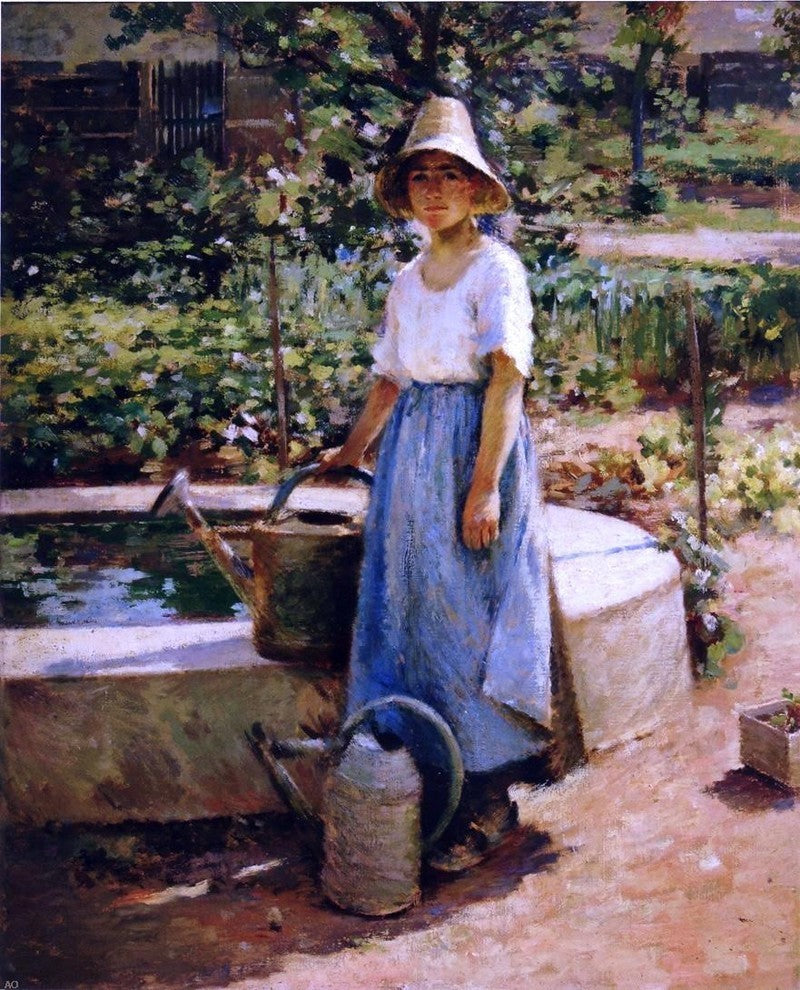 Theodore Robinson at the Fountain Premium Canvas Print