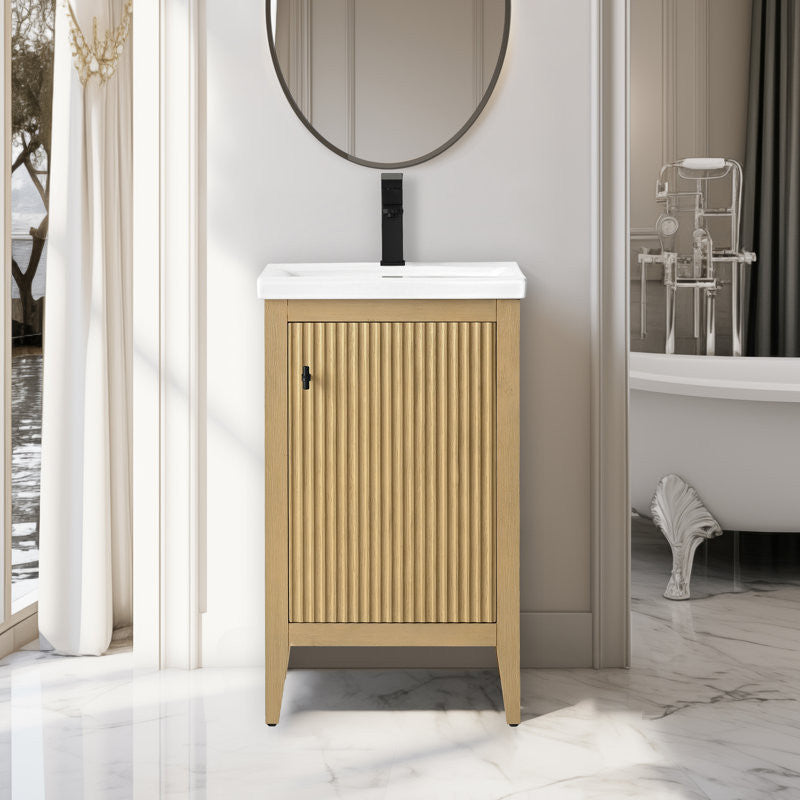 Vanity Art Freestanding Vanity, Natural Oak, 20", Single Sink, Matte Black