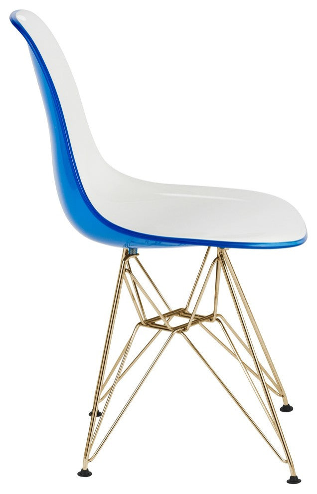 Dining Chair with ABS Plastic Seats Side Chair in Gold Chrome, White Blue