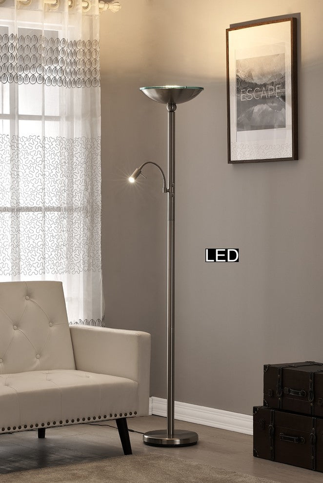 Saturn II 71" Torchiere Lamp w/ Reading Light, Touch Dimmer, Brushed Steel