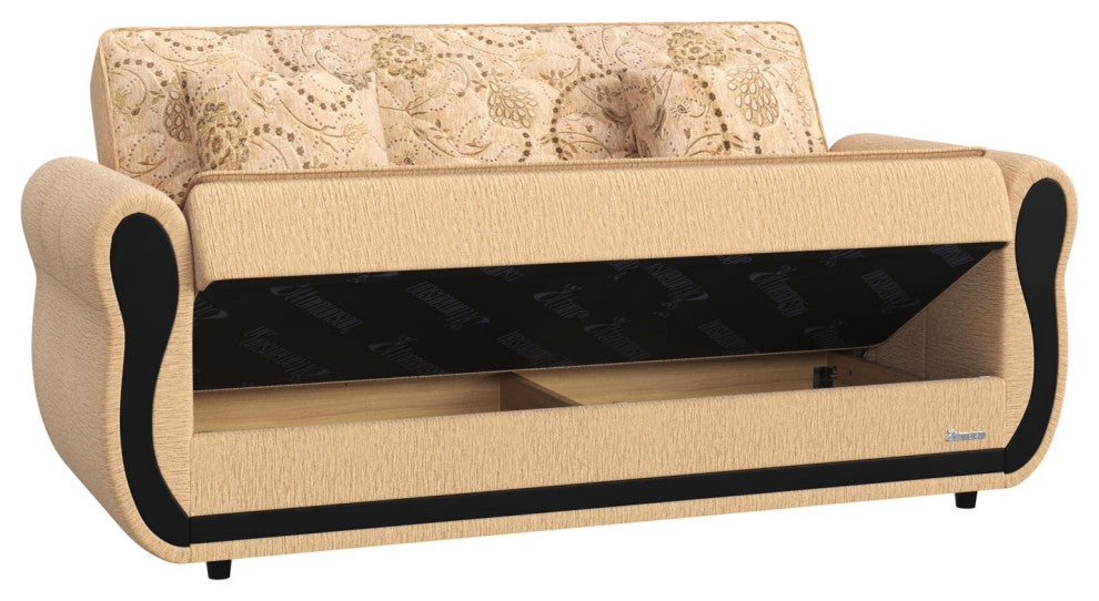 Convertible Loveseat, Padded Chenille Fabric Seat With Floral Pattern, Beige