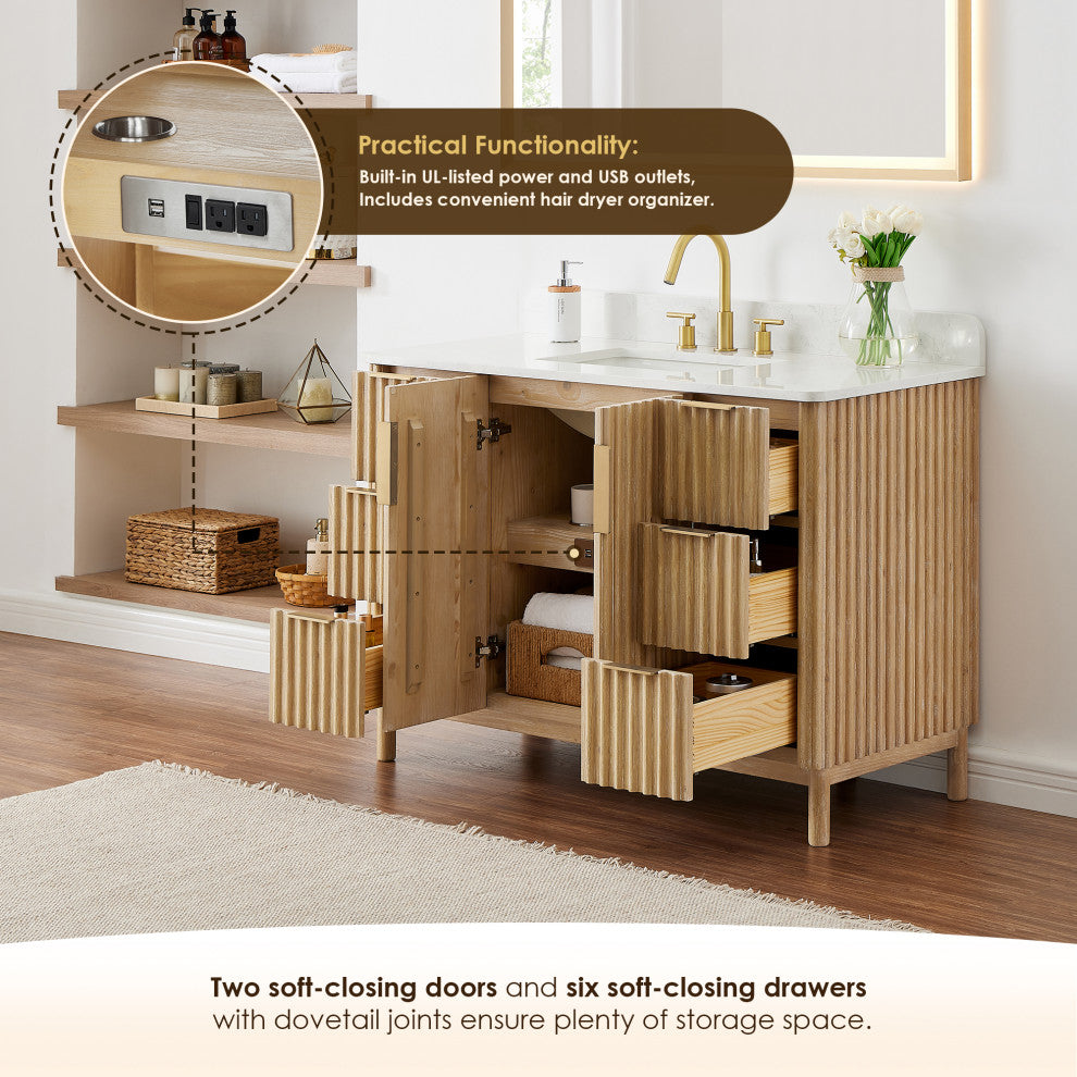 Sierra Bathroom Vanity, Washed Light Brown, 48inch, Without Mirror