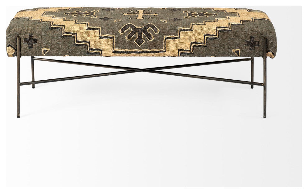 Avery I Multi-Colored Patterned Seat With Silver Iron Frame Accent Bench