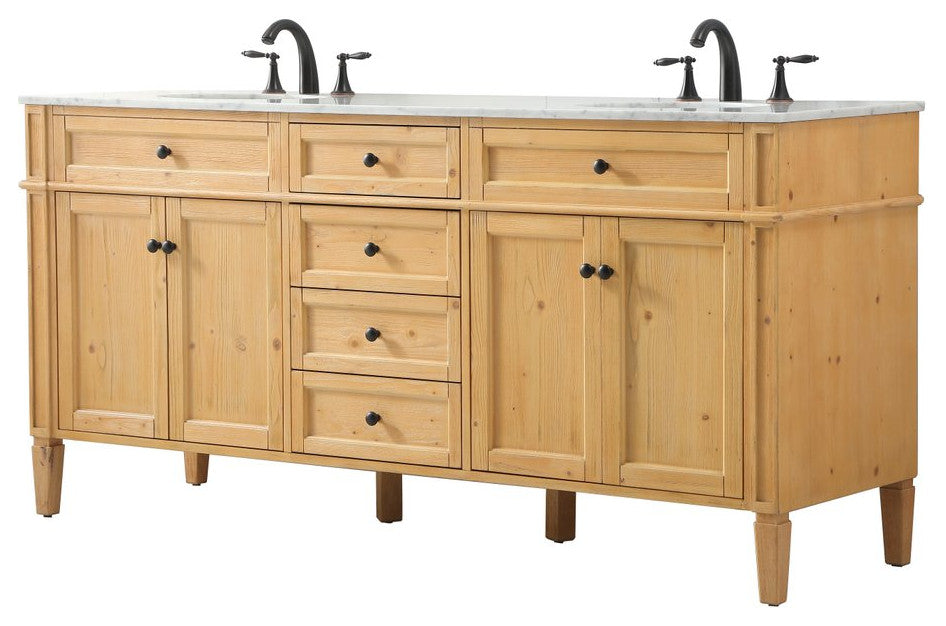 Home Living Vanity with Carrara White Marble Countertop, Natural Wood, 72", Double Sink