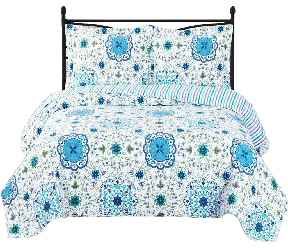 Arielle Oversized Printed Quilted Coverlet Set, Full/Queen