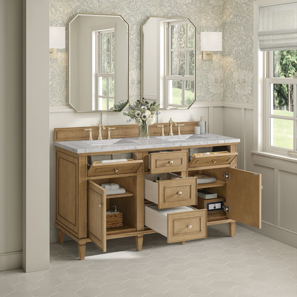 Lorelai 60" Double Vanity, Light Natural Oak, 3 CM Eternal Jasmine Pearl Top