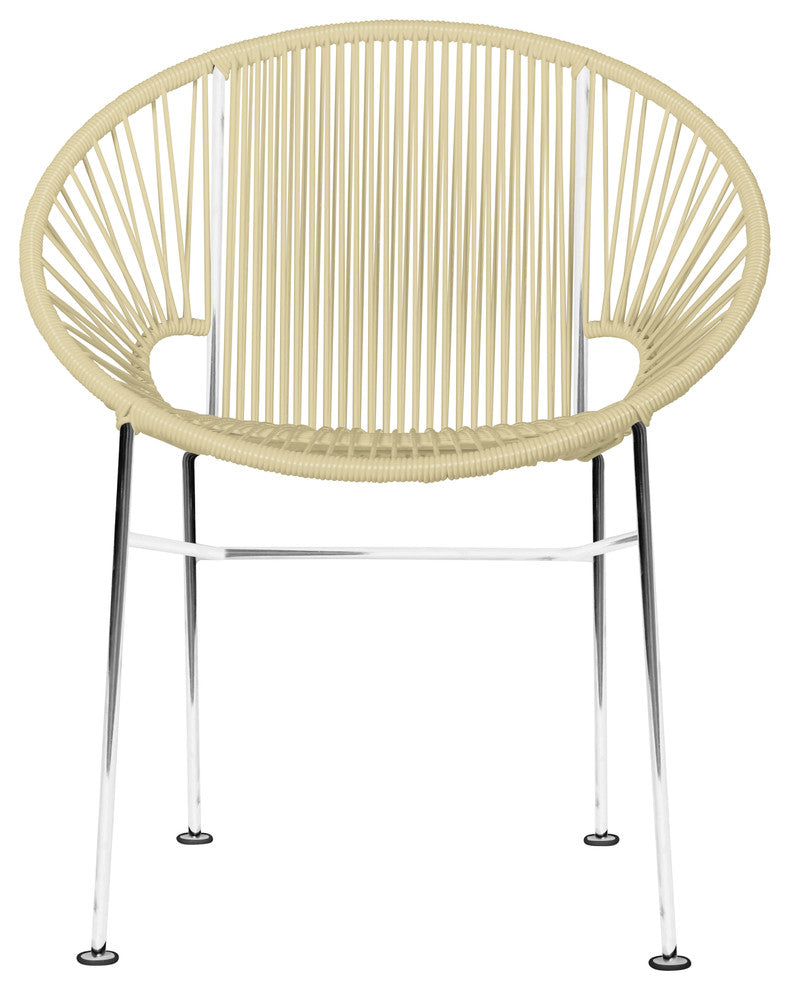 Concha Indoor/Outdoor Handmade Dining Chair, Ivory Weave, Chrome Frame