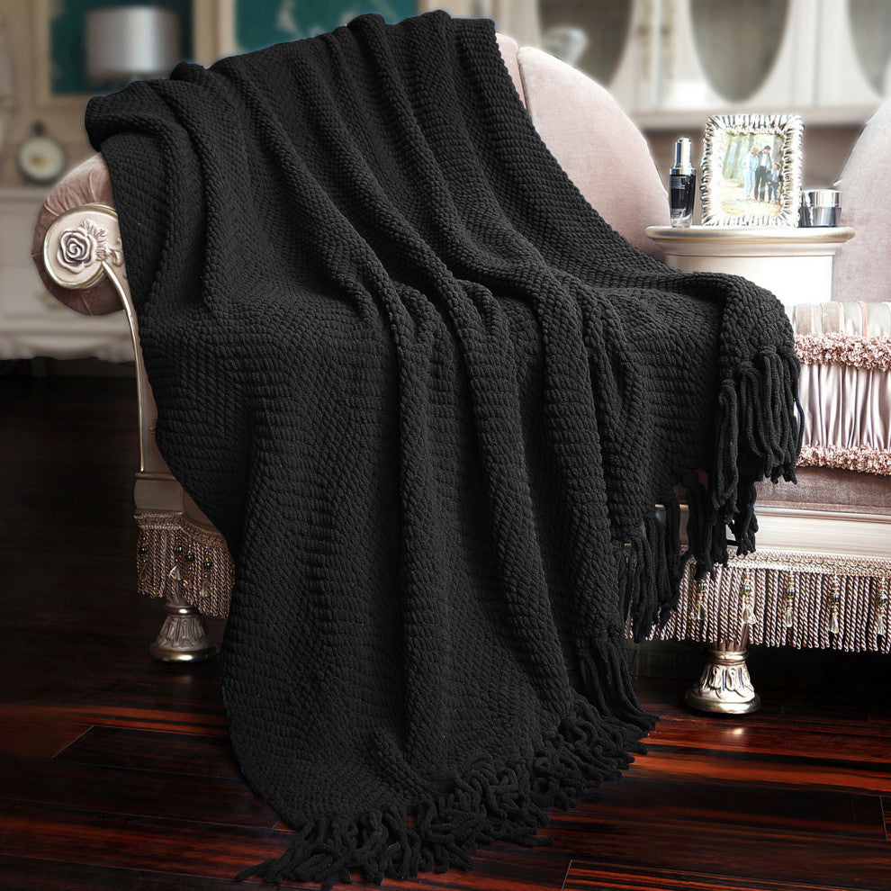 Tweed Knitted Throw Blanket, Raven, 50"x60"