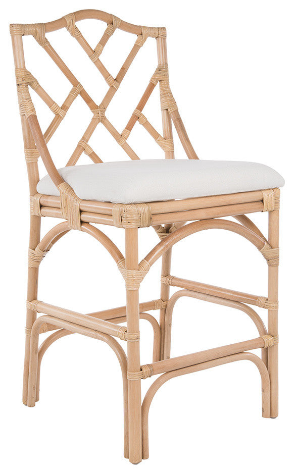 Chippendale Rattan Stool, Natural Color With Off-White Upholstery, Counterstool
