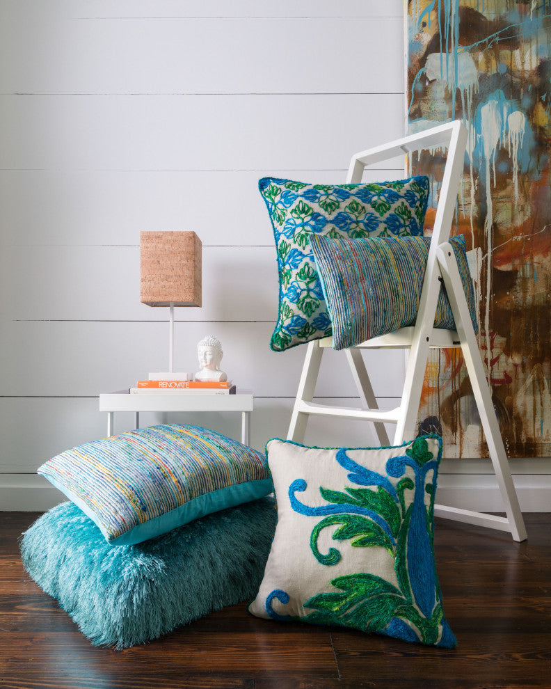 Recycled Sari Silk With Texture Throw Pillow, Blue / Multi, 22"x22", No Fill