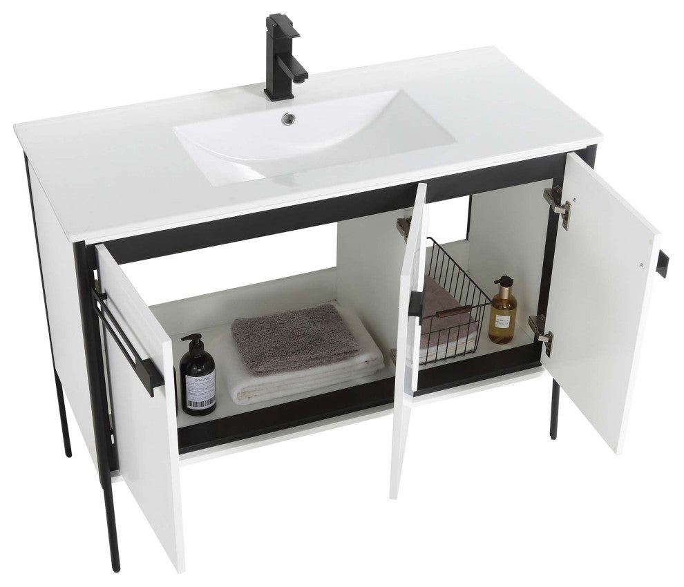 Oakville Bath Vanity, Ceramic Sink, White Matte, 42 Inch, Black Hardware
