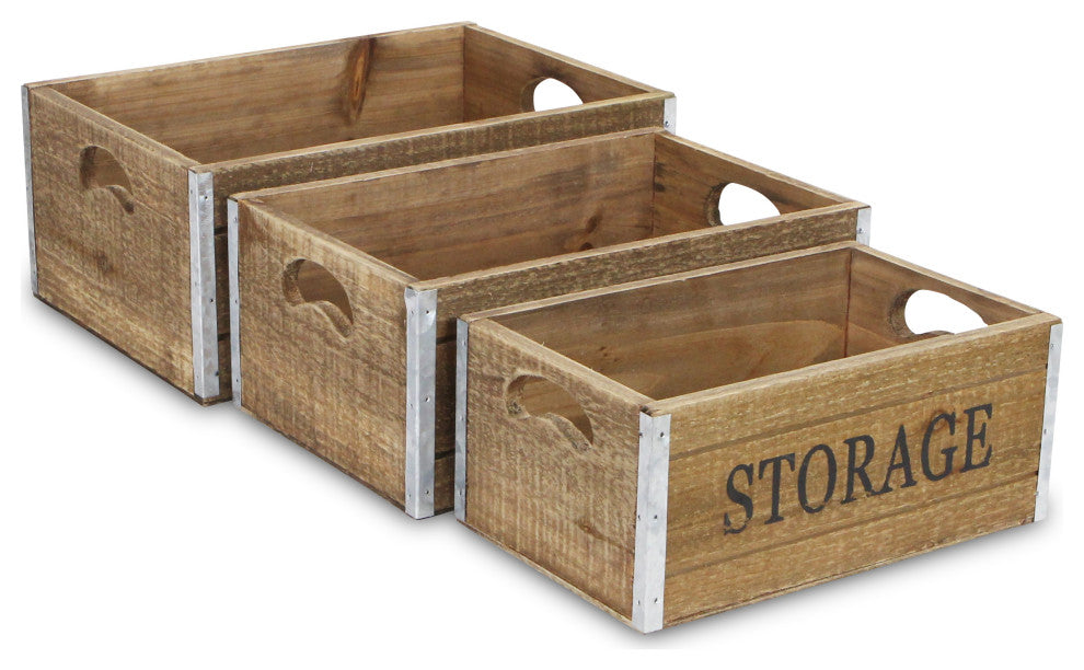 Eika Metal Accented Wooden Storage Crates, 3-Piece Set