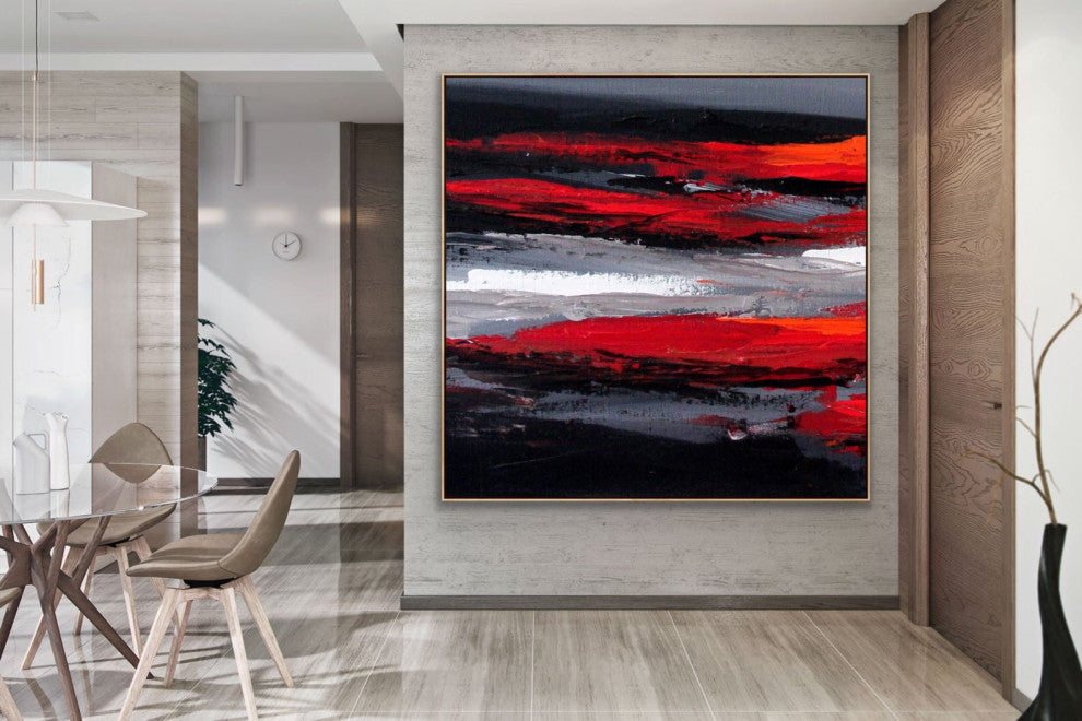 60x60 IN Black red gray abstract Art Large Modern Painting Wall Art Decor