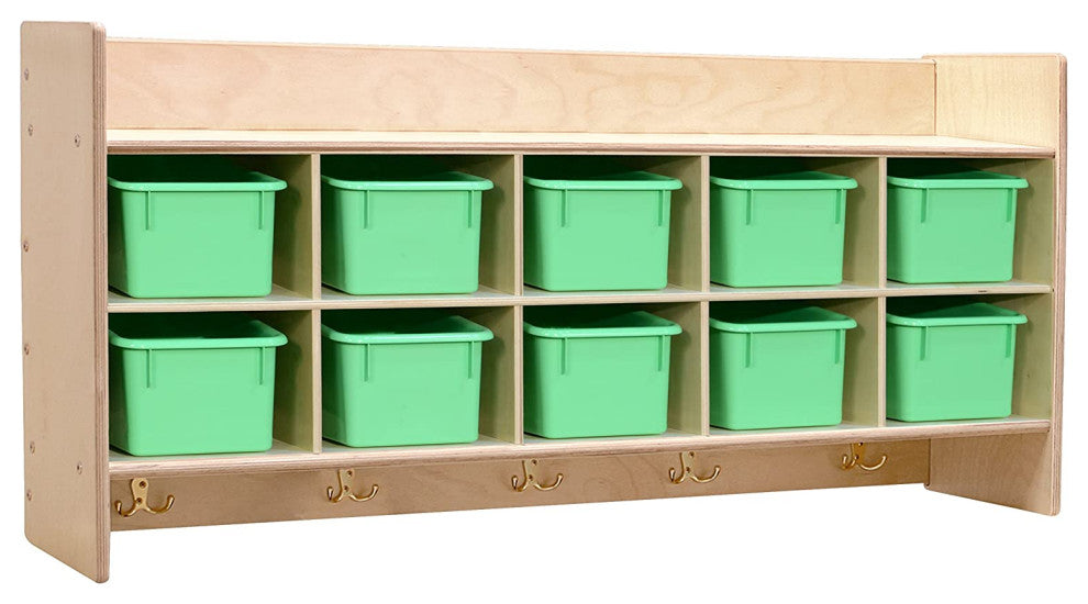 10 Section Wood Cubbies Storage, Lime Green Bins, Wall Hanging Organizer