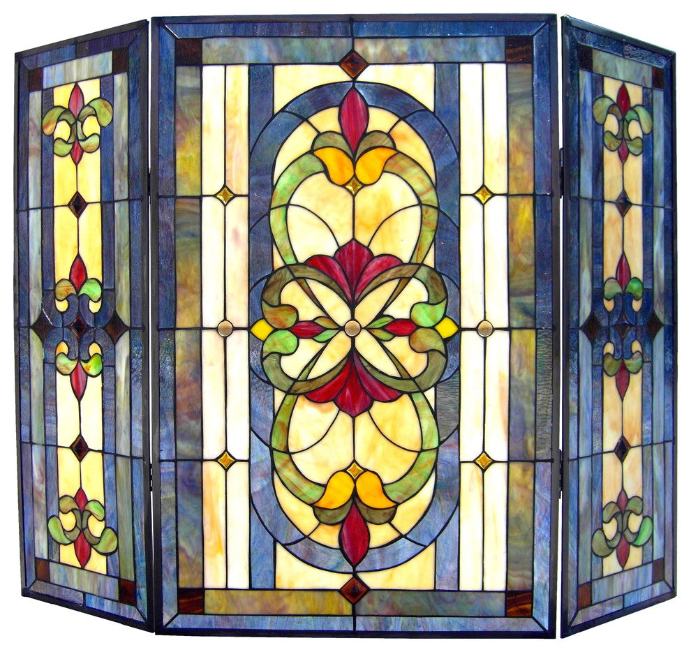 Chloe-Lighting Tiffany-Glass 3-Piece Folding Victorian Fireplace Screen