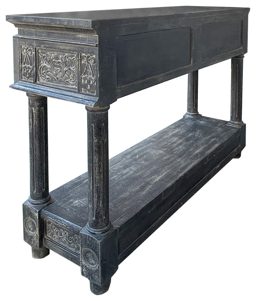 Distressed Black Gray Relief Floral Motif Tall Credenza Console Cabinet Hws4346