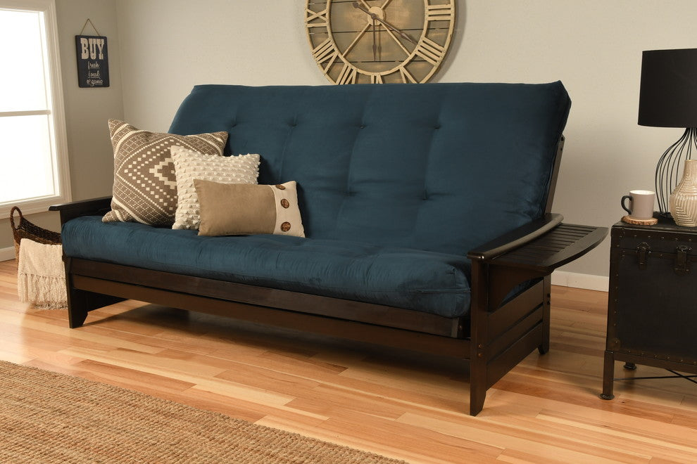 Mesa Frame Queen Futon With Espresso Finish, Espresso, Suede Blue