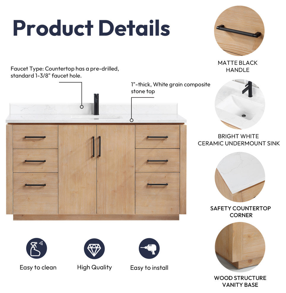 San Bath Vanity with Stone Top, Fir Wood Brown, 60" Single Sink, Single Vanity, With Mirror