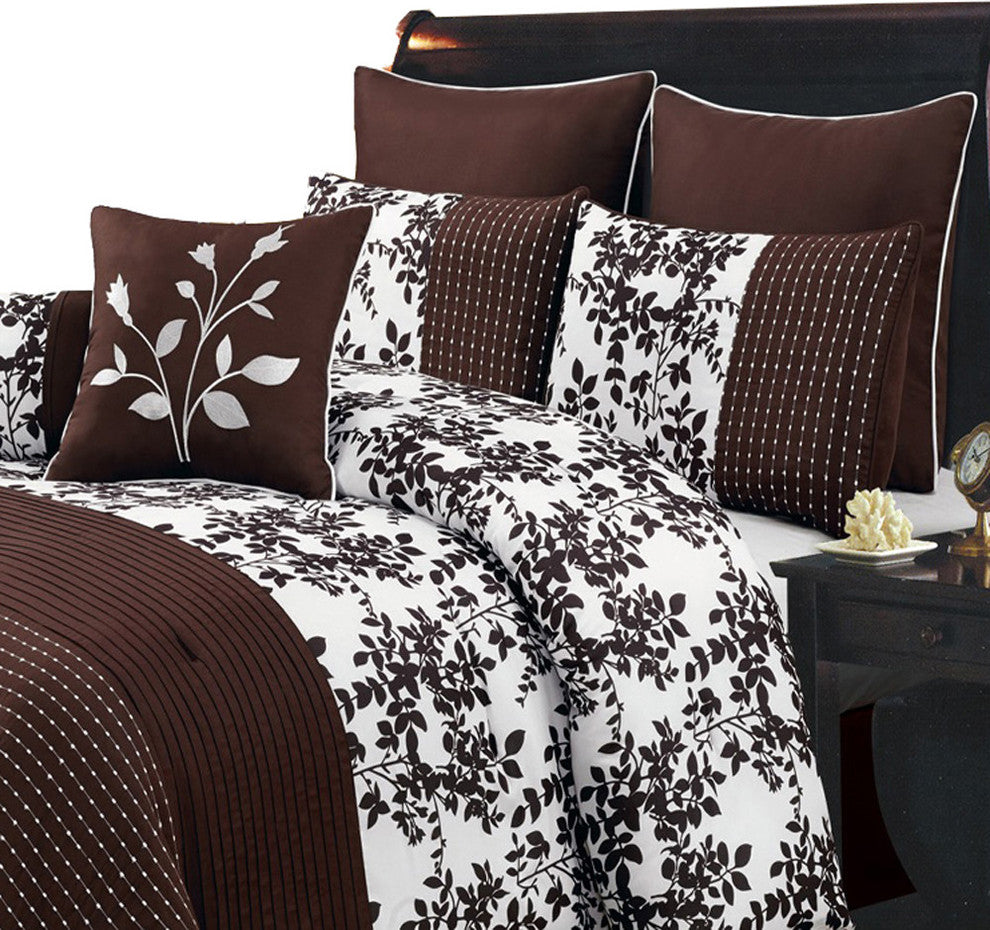 Bliss 100% Polyester 8PC Floral Bedding Set, Coffee, King