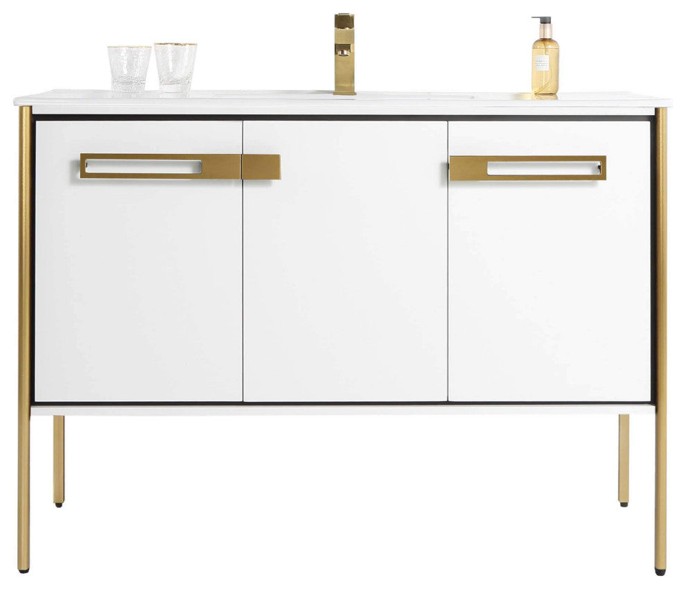 Oakville Bath Vanity, Ceramic Sink, White Matte, 48 Inch, Satin Brass Hardware