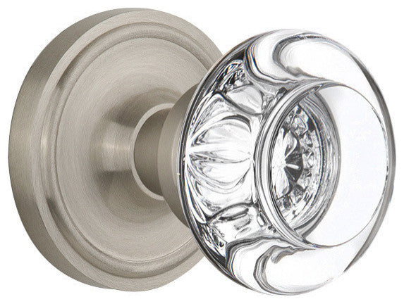 Single Classic Rosette With Round Clear Crystal Knob, Satin Nickel, Satin Nickel
