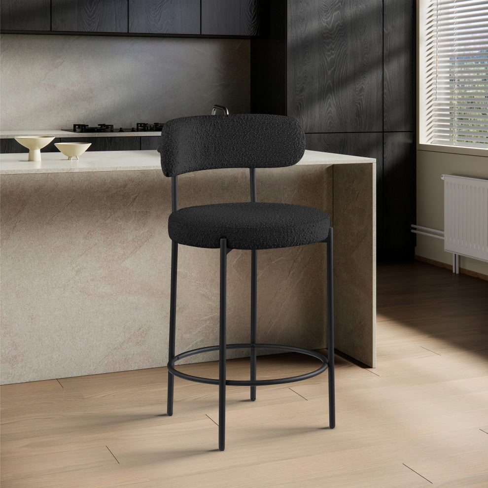 Beacon Upholstered Stool, Set of 2, Black, Matte Black Finish, Boucle Fabric