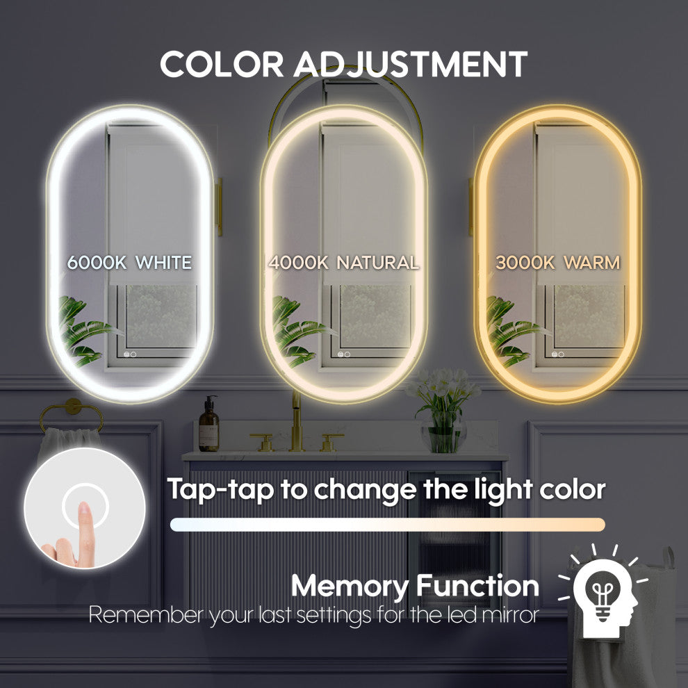 Oval LED Bathroom Vanity Mirror, Defogger and Dimmer, ETL-listed, Brushed Gold, 20"x36"