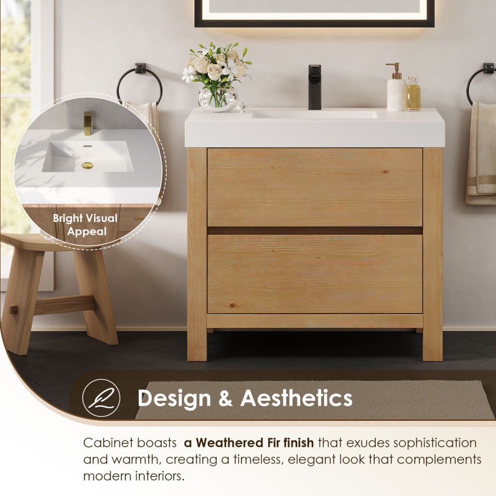 Cascadia Bathroom Vanity, Weathered Fir, 36", No Mirror