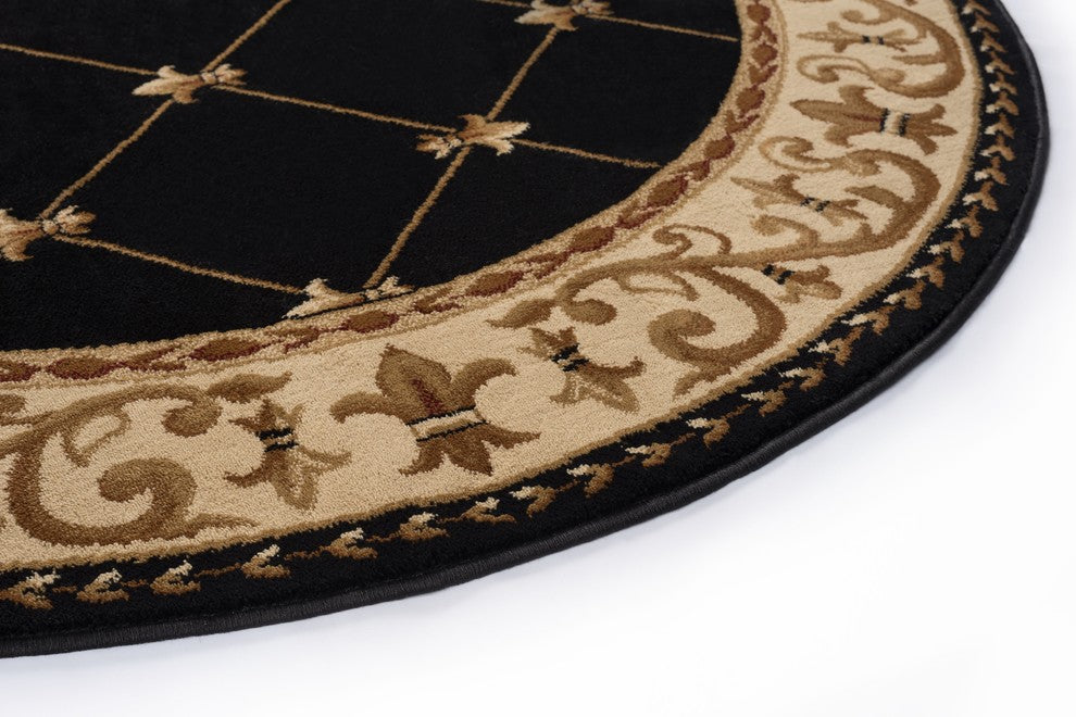 Orleans Traditional Border Area Rug, Black, 5'3" Round