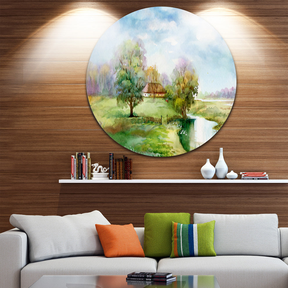 Village Life, Landscape Disc Metal Artwork, 36"