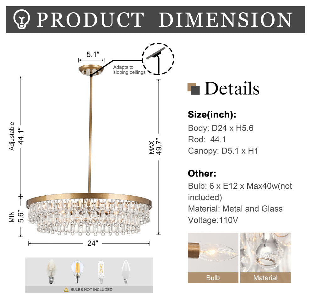 Mia Crystal 6-light Chandelier, Brushed Brass