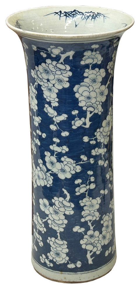 Vintage Chinese Blue White Blossom Wide Mouth Column Porcelain Vase Hws4329