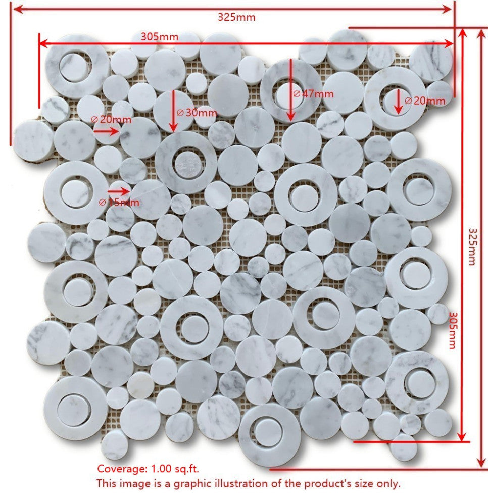 Bubble Mosaic Tile Carrara Venato Carrera Marble Circle Honed, 1 sheet