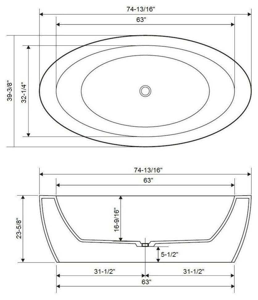 ADM Curved Freestanding Bathtub, Glossy White, 74.81"