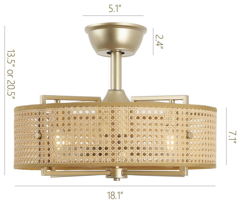 GetLedel 18" Rattan Drum Caged Ceiling Fan With Light and Remote, Gold