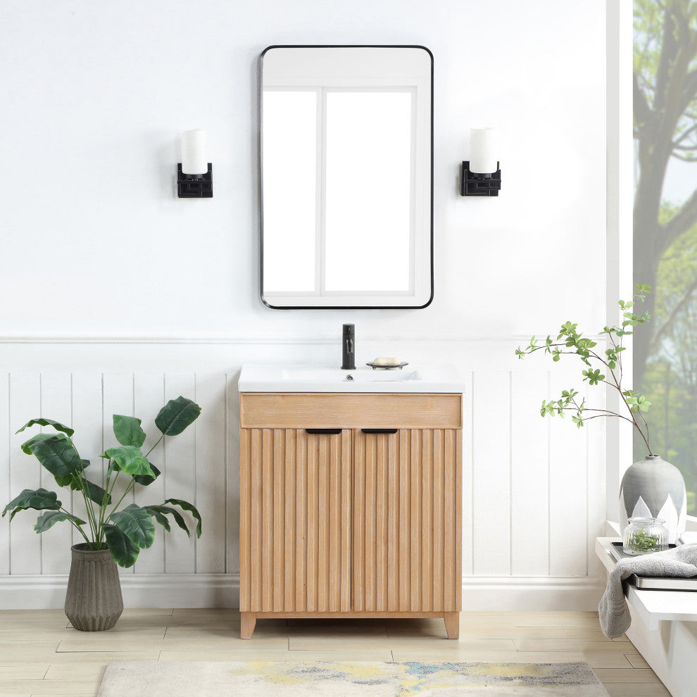 Palos Bathroom Vanity, Fir Wood Brown, 30", Ceramic Top, No Mirror
