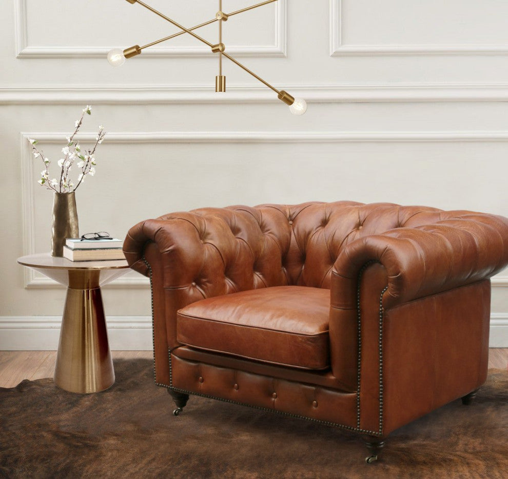 Paris Club Top Grain Leather Leather Tufted Club Chair, Brown