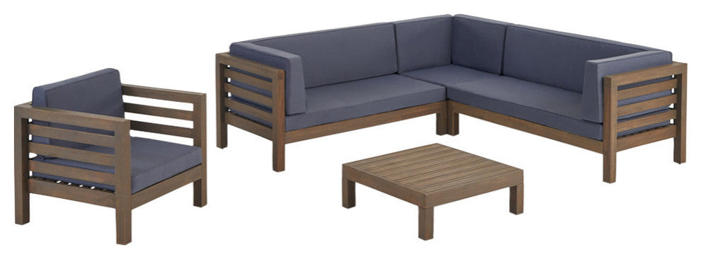 Emma Outdoor 6 Seater Acacia Wood Sectional Sofa and Club Chair Set, Dark Gray