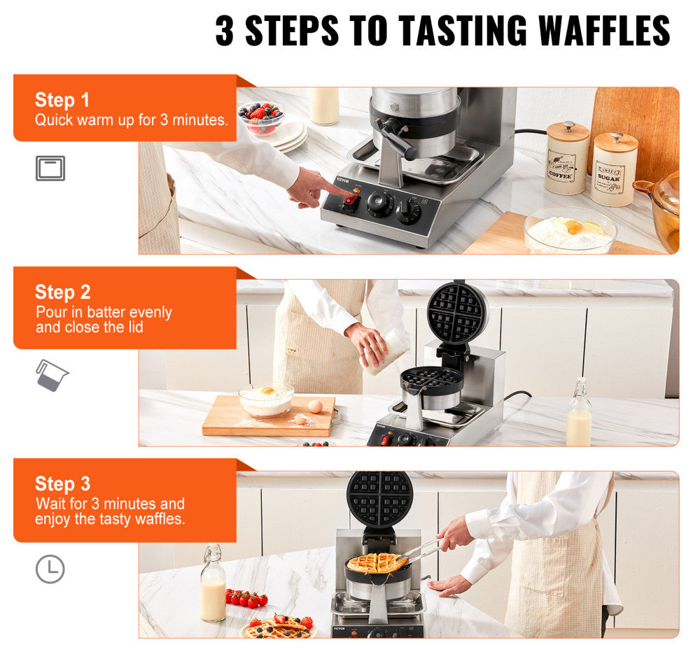 VEVOR Commerical Round Waffle Maker 1300W Rotatable Non-Stick Waffle Iron 120V