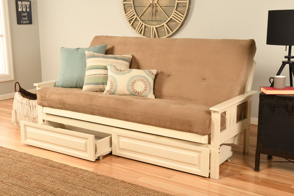 Caleb Frame Futon With Antique White Finish, Storage Drawers, Suede Peat