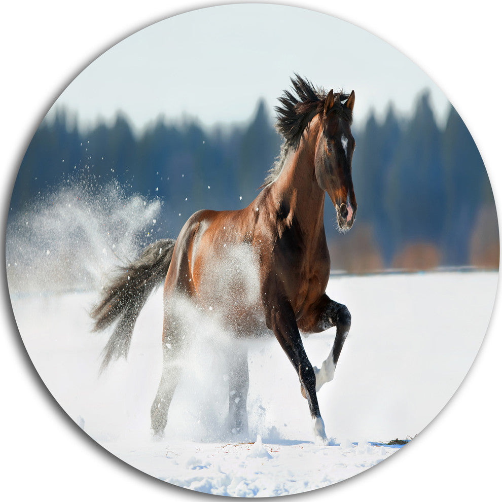 Horse Running In Winter, Landscape Photo Round Wall Art, 36"