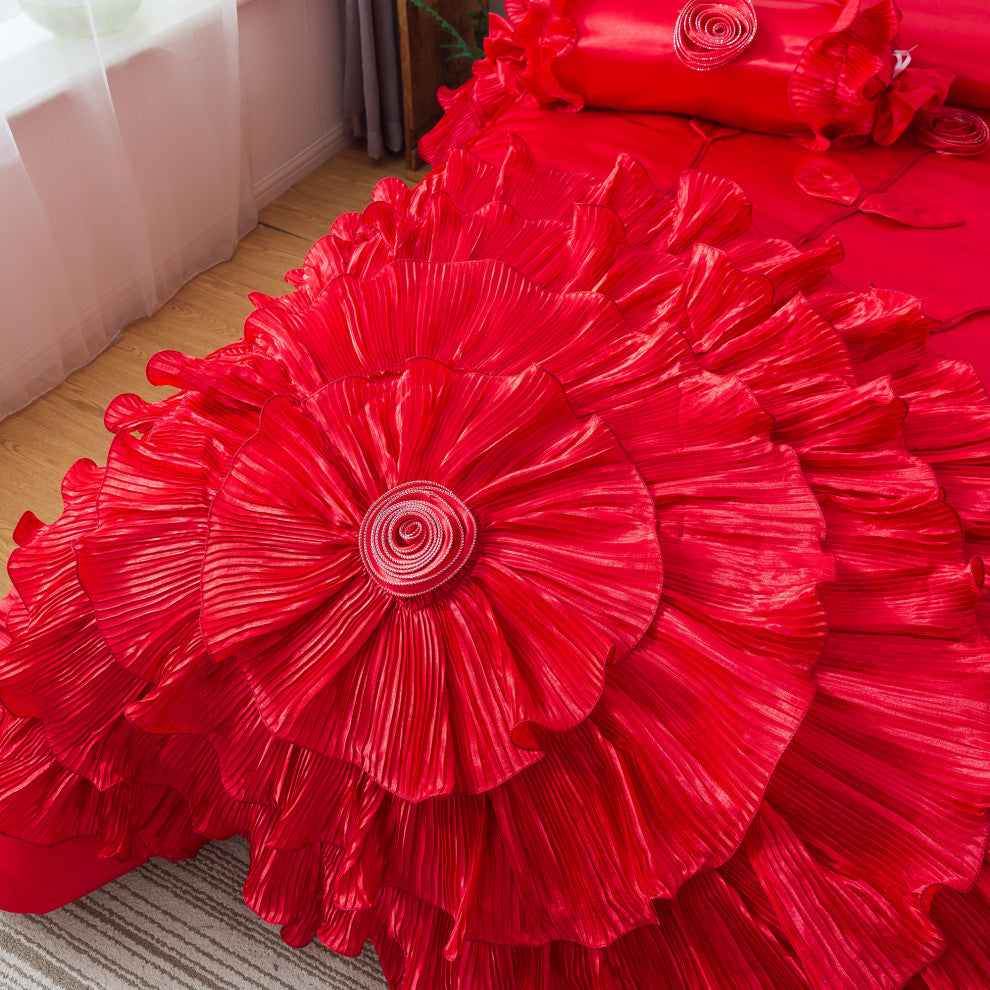 Red Rose Satin Ruffle Floral Romantic Victorian Comforter Bedding Set, King