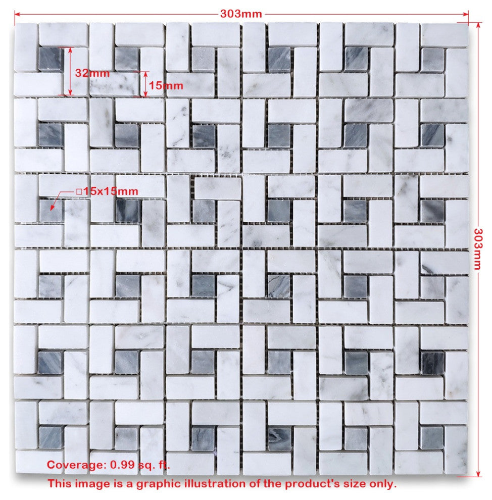 Carrara White Venato Marble Pinwheel Windmill Mosaic Tile Polished, 1 sheet