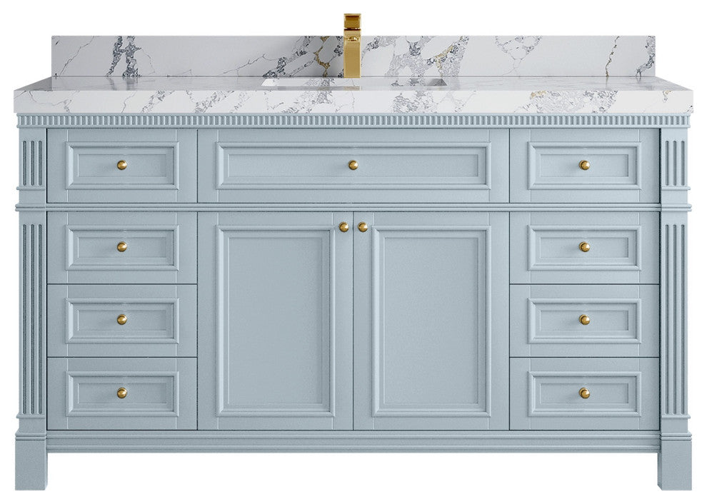 Paris 60" Single Sink Bathroom Vanity, Blue Heather 2" Calacatta Poannazo