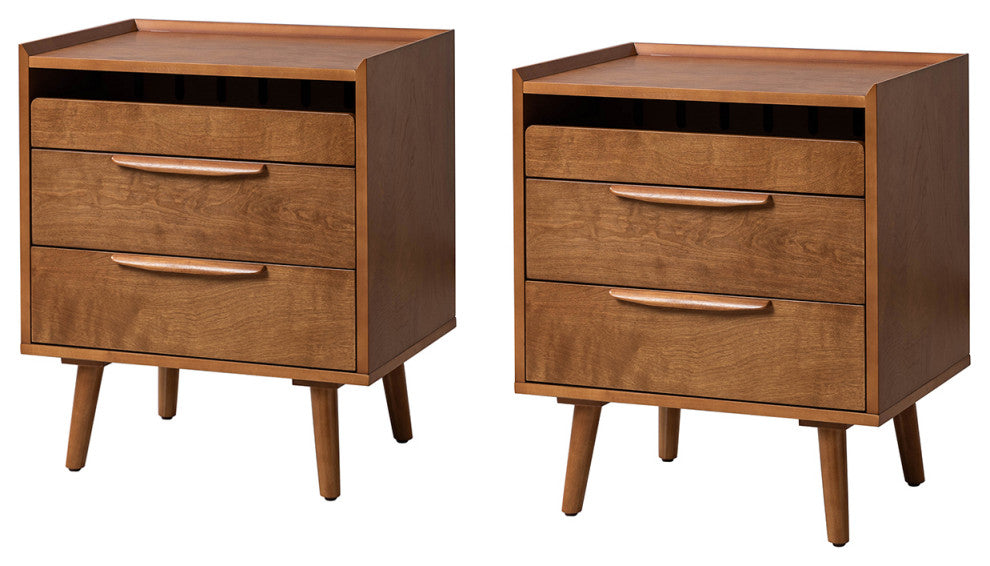 Mid-Century Modern 3-Drawer Nightstand Set With Charging Station, Acorn